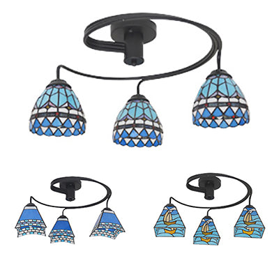 Nautical Style Semi Flush Light with Boat/Mediterranean/Baroque Design Stained Glass Shade 3/5 Lights Living Room Ceiling Light in Black Clearhalo 'Ceiling Lights' 'Close To Ceiling Lights' 'Close to ceiling' 'Semi-flushmount' 'Tiffany close to ceiling' 'Tiffany' Lighting' 27401