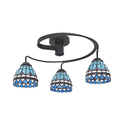 Nautical Style Semi Flush Light with Boat/Mediterranean/Baroque Design Stained Glass Shade 3/5 Lights Living Room Ceiling Light in Black 3 Black Baroque Clearhalo 'Ceiling Lights' 'Close To Ceiling Lights' 'Close to ceiling' 'Semi-flushmount' 'Tiffany close to ceiling' 'Tiffany' Lighting' 27403