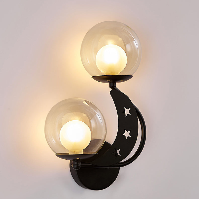 Left/Right Ball Wall Sconce Modern Style 2-Light Clear Glass Wall Mount Lamp Kit in Black/Gold Black Right Clearhalo 'Cast Iron' 'Glass' 'Industrial' 'Modern wall lights' 'Modern' 'Tiffany' 'Traditional wall lights' 'Wall Lamps & Sconces' 'Wall Lights' Lighting' 274213