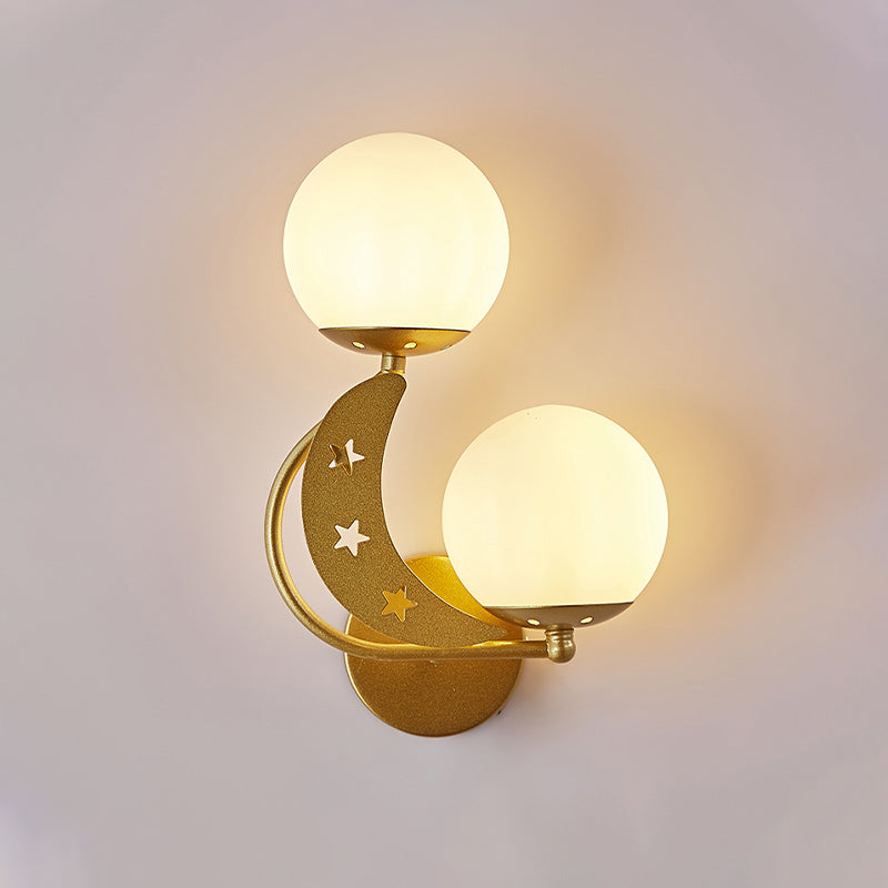 2 Bulbs Bedroom Sconce Light Contemporary Black/Gold Wall Lamp with Left/Right Milky Glass Ball Shade Clearhalo 'Cast Iron' 'Glass' 'Industrial' 'Modern wall lights' 'Modern' 'Tiffany' 'Traditional wall lights' 'Wall Lamps & Sconces' 'Wall Lights' Lighting' 274245