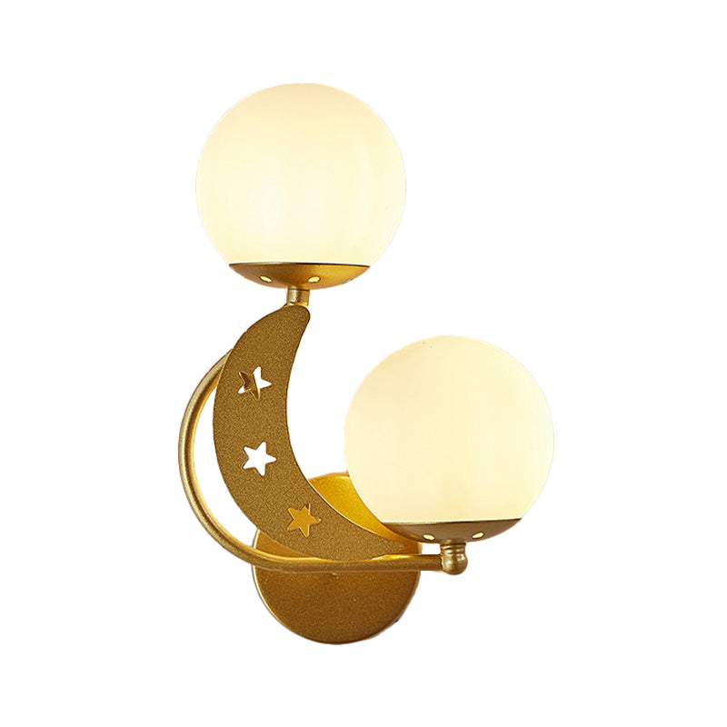 2 Bulbs Bedroom Sconce Light Contemporary Black/Gold Wall Lamp with Left/Right Milky Glass Ball Shade Clearhalo 'Cast Iron' 'Glass' 'Industrial' 'Modern wall lights' 'Modern' 'Tiffany' 'Traditional wall lights' 'Wall Lamps & Sconces' 'Wall Lights' Lighting' 274247