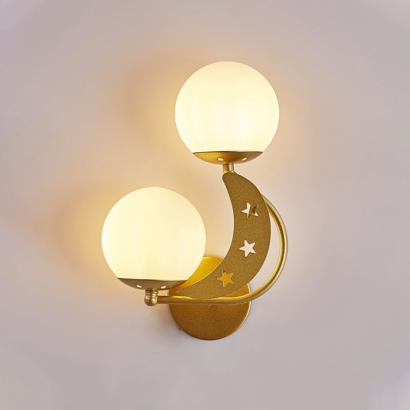 2 Bulbs Bedroom Sconce Light Contemporary Black/Gold Wall Lamp with Left/Right Milky Glass Ball Shade Gold Right Clearhalo 'Cast Iron' 'Glass' 'Industrial' 'Modern wall lights' 'Modern' 'Tiffany' 'Traditional wall lights' 'Wall Lamps & Sconces' 'Wall Lights' Lighting' 274249