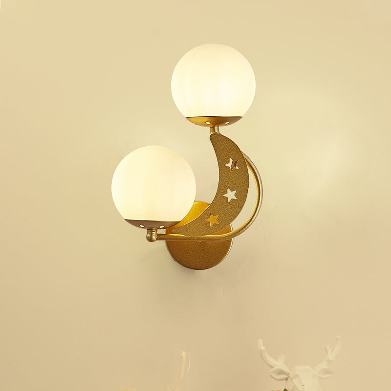 2 Bulbs Bedroom Sconce Light Contemporary Black/Gold Wall Lamp with Left/Right Milky Glass Ball Shade Clearhalo 'Cast Iron' 'Glass' 'Industrial' 'Modern wall lights' 'Modern' 'Tiffany' 'Traditional wall lights' 'Wall Lamps & Sconces' 'Wall Lights' Lighting' 274250