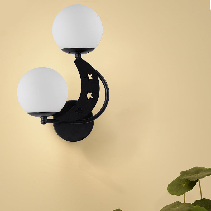2 Bulbs Bedroom Sconce Light Contemporary Black/Gold Wall Lamp with Left/Right Milky Glass Ball Shade Clearhalo 'Cast Iron' 'Glass' 'Industrial' 'Modern wall lights' 'Modern' 'Tiffany' 'Traditional wall lights' 'Wall Lamps & Sconces' 'Wall Lights' Lighting' 274255