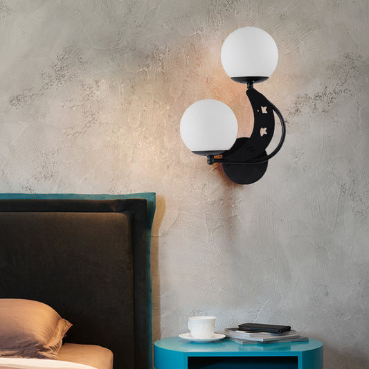 2 Bulbs Bedroom Sconce Light Contemporary Black/Gold Wall Lamp with Left/Right Milky Glass Ball Shade Clearhalo 'Cast Iron' 'Glass' 'Industrial' 'Modern wall lights' 'Modern' 'Tiffany' 'Traditional wall lights' 'Wall Lamps & Sconces' 'Wall Lights' Lighting' 274257