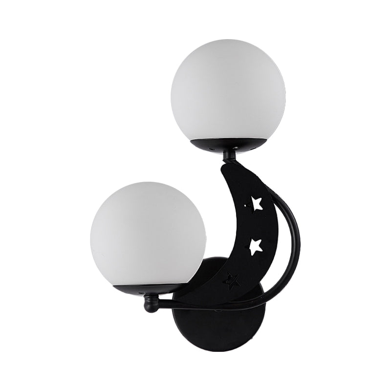 2 Bulbs Bedroom Sconce Light Contemporary Black/Gold Wall Lamp with Left/Right Milky Glass Ball Shade Clearhalo 'Cast Iron' 'Glass' 'Industrial' 'Modern wall lights' 'Modern' 'Tiffany' 'Traditional wall lights' 'Wall Lamps & Sconces' 'Wall Lights' Lighting' 274258