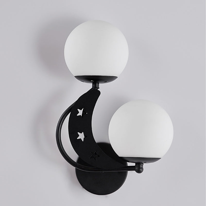 2 Bulbs Bedroom Sconce Light Contemporary Black/Gold Wall Lamp with Left/Right Milky Glass Ball Shade Black Left Clearhalo 'Cast Iron' 'Glass' 'Industrial' 'Modern wall lights' 'Modern' 'Tiffany' 'Traditional wall lights' 'Wall Lamps & Sconces' 'Wall Lights' Lighting' 274260