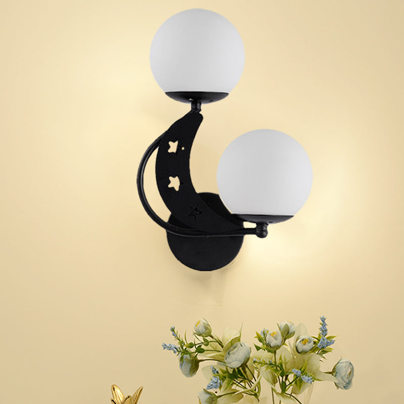 2 Bulbs Bedroom Sconce Light Contemporary Black/Gold Wall Lamp with Left/Right Milky Glass Ball Shade Clearhalo 'Cast Iron' 'Glass' 'Industrial' 'Modern wall lights' 'Modern' 'Tiffany' 'Traditional wall lights' 'Wall Lamps & Sconces' 'Wall Lights' Lighting' 274261