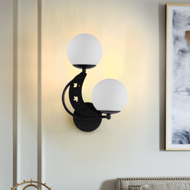 2 Bulbs Bedroom Sconce Light Contemporary Black/Gold Wall Lamp with Left/Right Milky Glass Ball Shade Clearhalo 'Cast Iron' 'Glass' 'Industrial' 'Modern wall lights' 'Modern' 'Tiffany' 'Traditional wall lights' 'Wall Lamps & Sconces' 'Wall Lights' Lighting' 274262