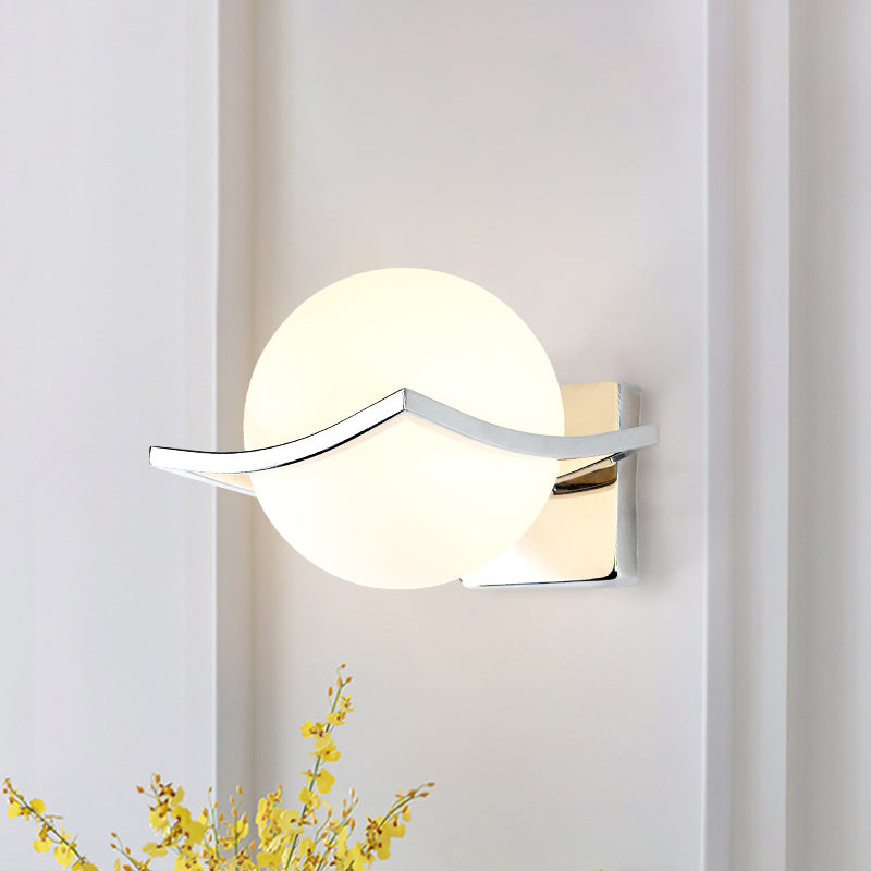 Globe Bedroom Wall Sconce Light Matte White Glass 1 Bulb Minimalist Wall Mount Lamp in Chrome Box Chrome Clearhalo 'Cast Iron' 'Glass' 'Industrial' 'Modern wall lights' 'Modern' 'Tiffany' 'Traditional wall lights' 'Wall Lamps & Sconces' 'Wall Lights' Lighting' 274282
