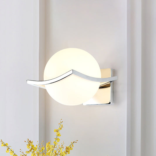 Globe Bedroom Wall Sconce Light Matte White Glass 1 Bulb Minimalist Wall Mount Lamp in Chrome Box Chrome Clearhalo 'Cast Iron' 'Glass' 'Industrial' 'Modern wall lights' 'Modern' 'Tiffany' 'Traditional wall lights' 'Wall Lamps & Sconces' 'Wall Lights' Lighting' 274282