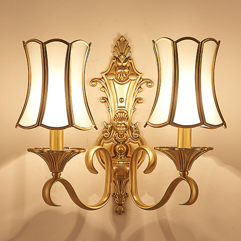 1/2 Bulbs Wall Sconce Traditional Brass Curved Metal Wall Light Fixture for Living Room 2.0 Brass Clearhalo 'Wall Lamps & Sconces' 'Wall Lights' Lighting' 274334