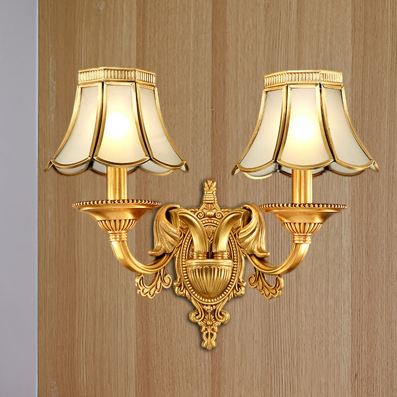 Traditional Scallop Sconce Light 1/2-Bulb Metal Wall Lighting Fixture in Brass for Living Room 2.0 Brass Clearhalo 'Wall Lamps & Sconces' 'Wall Lights' Lighting' 274441