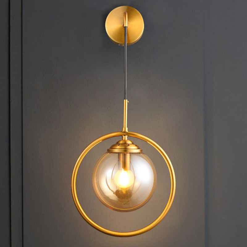 Orbit Smoke Gray/Clear/Amber Glass Wall Lamp Contemporary Single Brass Finish Sconce Light Fixture Amber Clearhalo 'Cast Iron' 'Glass' 'Industrial' 'Modern wall lights' 'Modern' 'Tiffany' 'Traditional wall lights' 'Wall Lamps & Sconces' 'Wall Lights' Lighting' 274464