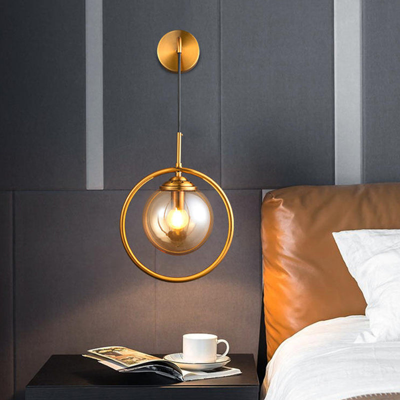Orbit Smoke Gray/Clear/Amber Glass Wall Lamp Contemporary Single Brass Finish Sconce Light Fixture Clearhalo 'Cast Iron' 'Glass' 'Industrial' 'Modern wall lights' 'Modern' 'Tiffany' 'Traditional wall lights' 'Wall Lamps & Sconces' 'Wall Lights' Lighting' 274466