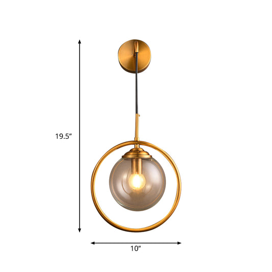 Orbit Smoke Gray/Clear/Amber Glass Wall Lamp Contemporary Single Brass Finish Sconce Light Fixture Clearhalo 'Cast Iron' 'Glass' 'Industrial' 'Modern wall lights' 'Modern' 'Tiffany' 'Traditional wall lights' 'Wall Lamps & Sconces' 'Wall Lights' Lighting' 274472