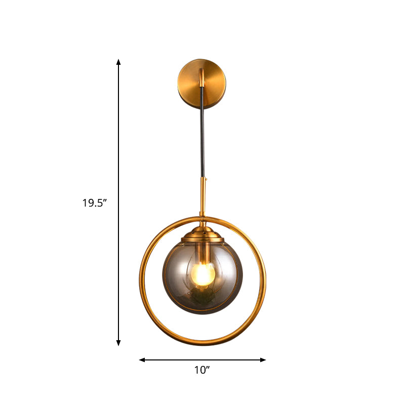 Orbit Smoke Gray/Clear/Amber Glass Wall Lamp Contemporary Single Brass Finish Sconce Light Fixture Clearhalo 'Cast Iron' 'Glass' 'Industrial' 'Modern wall lights' 'Modern' 'Tiffany' 'Traditional wall lights' 'Wall Lamps & Sconces' 'Wall Lights' Lighting' 274476