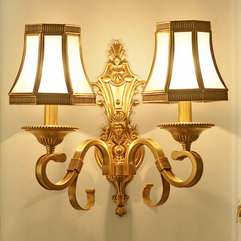 Brass Cone Wall Lamp Traditionalist Metal 1/2 Lights Bedroom Wall Mount  Lighting with Beveled Glass Panel