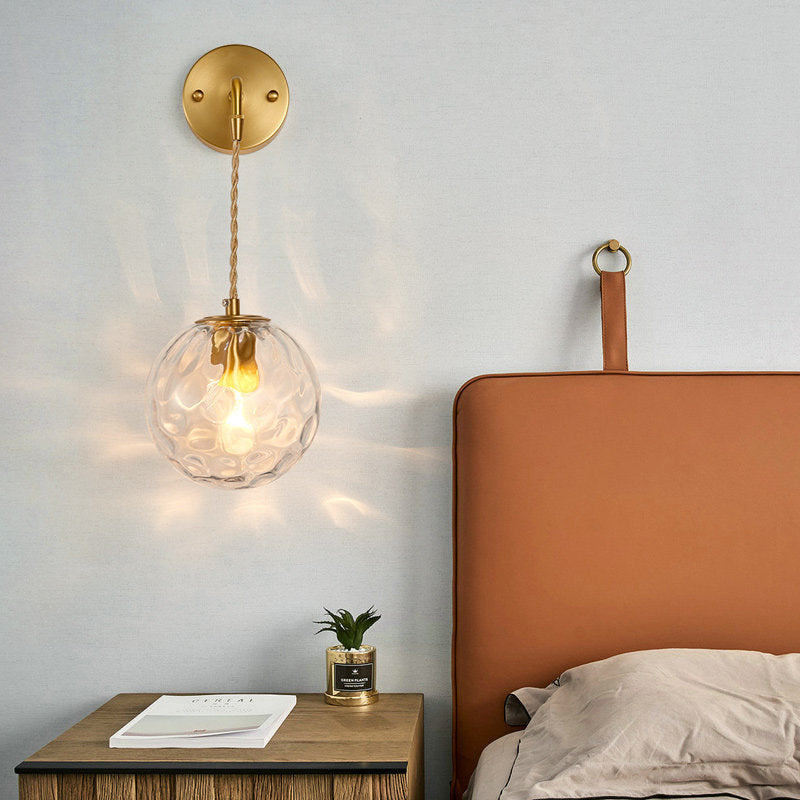 1-Light Bedside Wall Sconce Light Simplicity Brass Wall Light Fixture with Ball Water Glass Shade Clearhalo 'Cast Iron' 'Glass' 'Industrial' 'Modern wall lights' 'Modern' 'Tiffany' 'Traditional wall lights' 'Wall Lamps & Sconces' 'Wall Lights' Lighting' 274573