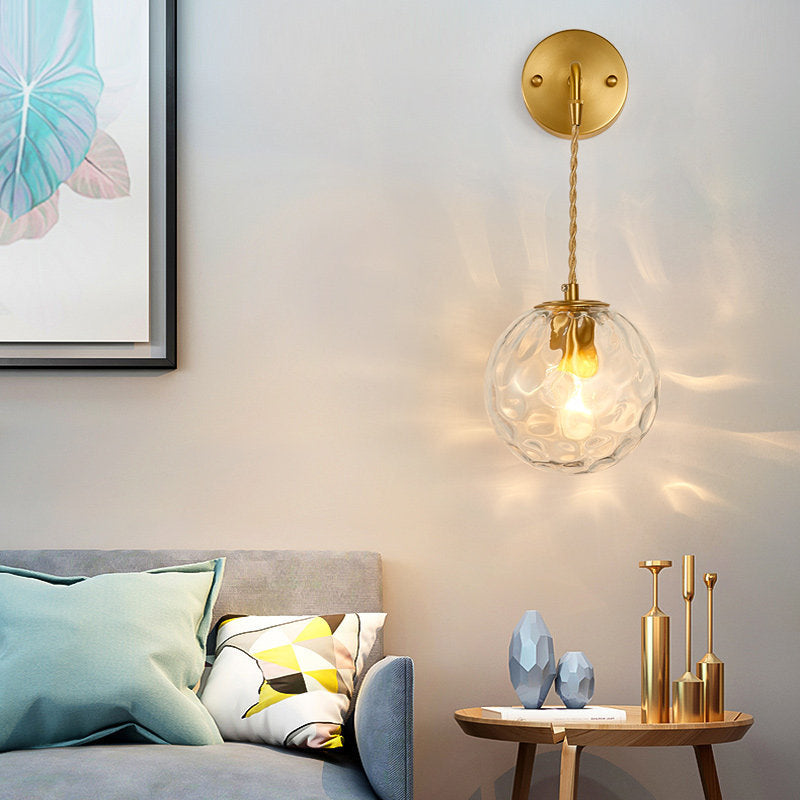 1-Light Bedside Wall Sconce Light Simplicity Brass Wall Light Fixture with Ball Water Glass Shade Clearhalo 'Cast Iron' 'Glass' 'Industrial' 'Modern wall lights' 'Modern' 'Tiffany' 'Traditional wall lights' 'Wall Lamps & Sconces' 'Wall Lights' Lighting' 274575