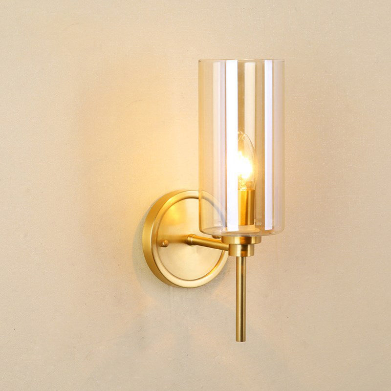 Modern Cylinder Sconce Light Clear Glass Single Bulb Brass Finish Wall Mounted Lamp Brass Clearhalo 'Cast Iron' 'Glass' 'Industrial' 'Modern wall lights' 'Modern' 'Tiffany' 'Traditional wall lights' 'Wall Lamps & Sconces' 'Wall Lights' Lighting' 274578