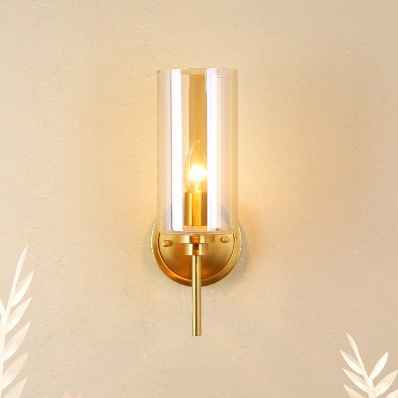 Modern Cylinder Sconce Light Clear Glass Single Bulb Brass Finish Wall Mounted Lamp Clearhalo 'Cast Iron' 'Glass' 'Industrial' 'Modern wall lights' 'Modern' 'Tiffany' 'Traditional wall lights' 'Wall Lamps & Sconces' 'Wall Lights' Lighting' 274579