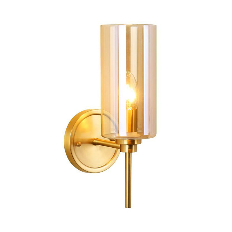 Modern Cylinder Sconce Light Clear Glass Single Bulb Brass Finish Wall Mounted Lamp Clearhalo 'Cast Iron' 'Glass' 'Industrial' 'Modern wall lights' 'Modern' 'Tiffany' 'Traditional wall lights' 'Wall Lamps & Sconces' 'Wall Lights' Lighting' 274582