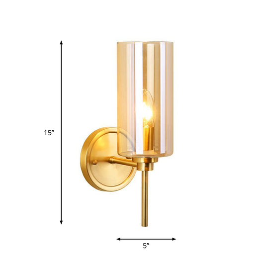 Modern Cylinder Sconce Light Clear Glass Single Bulb Brass Finish Wall Mounted Lamp Clearhalo 'Cast Iron' 'Glass' 'Industrial' 'Modern wall lights' 'Modern' 'Tiffany' 'Traditional wall lights' 'Wall Lamps & Sconces' 'Wall Lights' Lighting' 274583