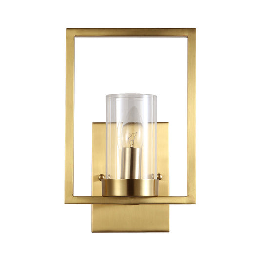 Cylindrical Bedroom Wall Sconce Clear Glass 1 Bulb Contemporary Wall Light Fixture in Brass with Frame Brass Clearhalo 'Cast Iron' 'Glass' 'Industrial' 'Modern wall lights' 'Modern' 'Tiffany' 'Traditional wall lights' 'Wall Lamps & Sconces' 'Wall Lights' Lighting' 274588