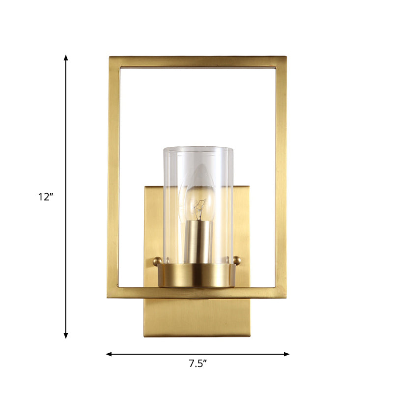 Cylindrical Bedroom Wall Sconce Clear Glass 1 Bulb Contemporary Wall Light Fixture in Brass with Frame Clearhalo 'Cast Iron' 'Glass' 'Industrial' 'Modern wall lights' 'Modern' 'Tiffany' 'Traditional wall lights' 'Wall Lamps & Sconces' 'Wall Lights' Lighting' 274589