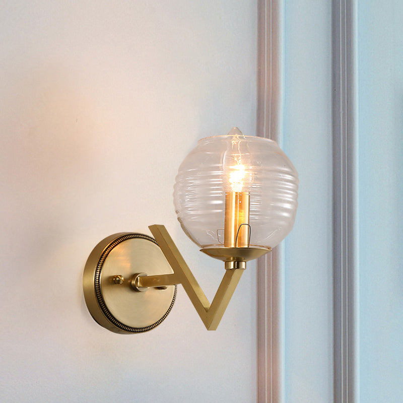 Simple 1/2 Lights Wall Mount Lamp Brass Ball Shape Sconce Light with Ribbed Glass Shade 1.0 Brass Clearhalo 'Cast Iron' 'Glass' 'Industrial' 'Modern wall lights' 'Modern' 'Tiffany' 'Traditional wall lights' 'Wall Lamps & Sconces' 'Wall Lights' Lighting' 274591