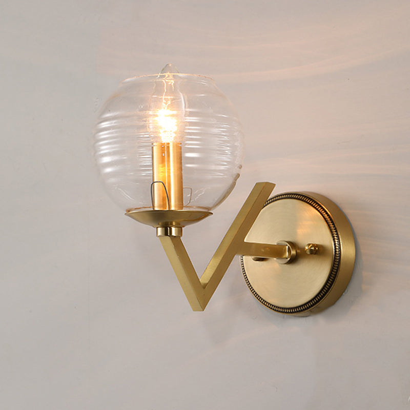 Simple 1/2 Lights Wall Mount Lamp Brass Ball Shape Sconce Light with Ribbed Glass Shade Clearhalo 'Cast Iron' 'Glass' 'Industrial' 'Modern wall lights' 'Modern' 'Tiffany' 'Traditional wall lights' 'Wall Lamps & Sconces' 'Wall Lights' Lighting' 274592