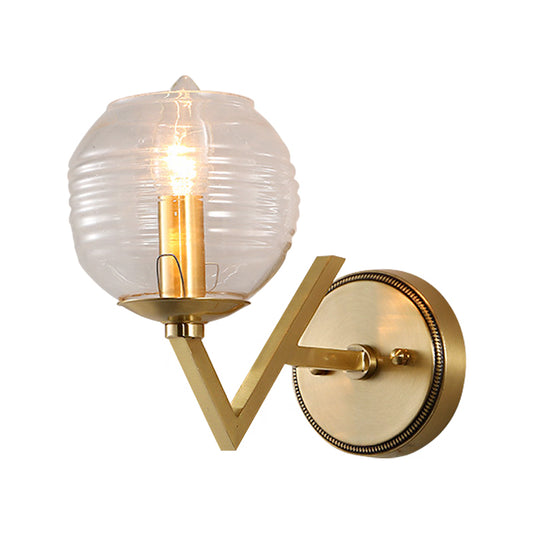 Simple 1/2 Lights Wall Mount Lamp Brass Ball Shape Sconce Light with Ribbed Glass Shade Clearhalo 'Cast Iron' 'Glass' 'Industrial' 'Modern wall lights' 'Modern' 'Tiffany' 'Traditional wall lights' 'Wall Lamps & Sconces' 'Wall Lights' Lighting' 274594