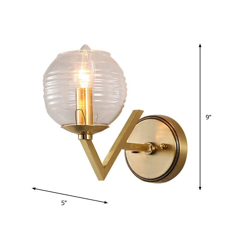 Simple 1/2 Lights Wall Mount Lamp Brass Ball Shape Sconce Light with Ribbed Glass Shade Clearhalo 'Cast Iron' 'Glass' 'Industrial' 'Modern wall lights' 'Modern' 'Tiffany' 'Traditional wall lights' 'Wall Lamps & Sconces' 'Wall Lights' Lighting' 274595
