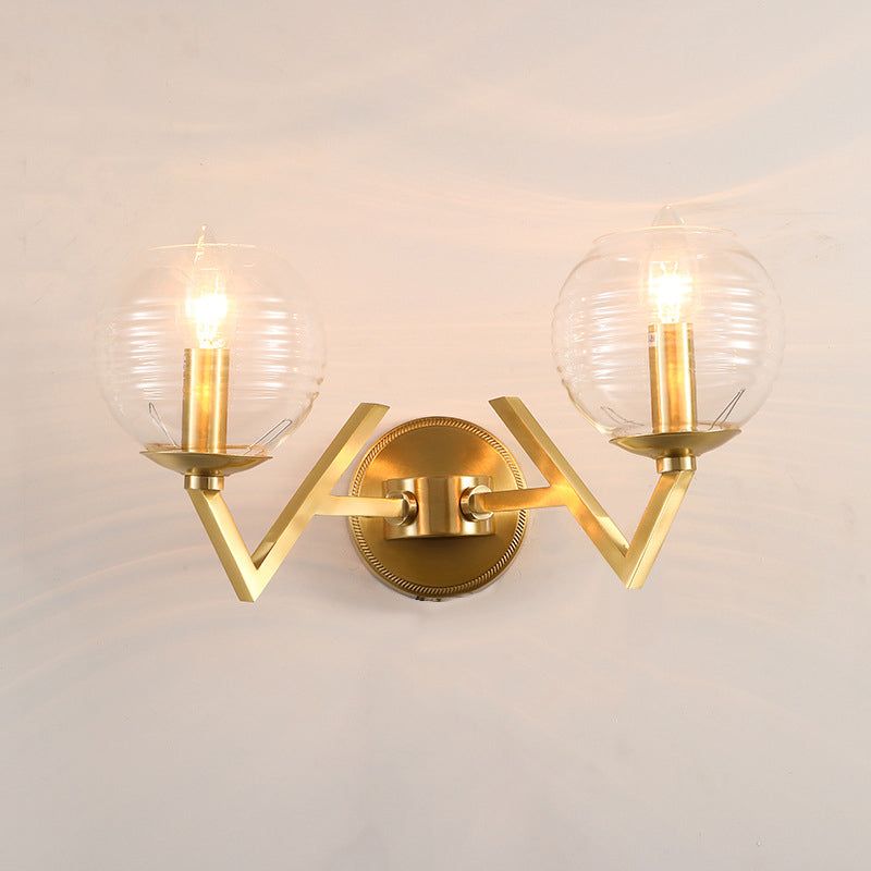 Simple 1/2 Lights Wall Mount Lamp Brass Ball Shape Sconce Light with Ribbed Glass Shade 2.0 Brass Clearhalo 'Cast Iron' 'Glass' 'Industrial' 'Modern wall lights' 'Modern' 'Tiffany' 'Traditional wall lights' 'Wall Lamps & Sconces' 'Wall Lights' Lighting' 274596