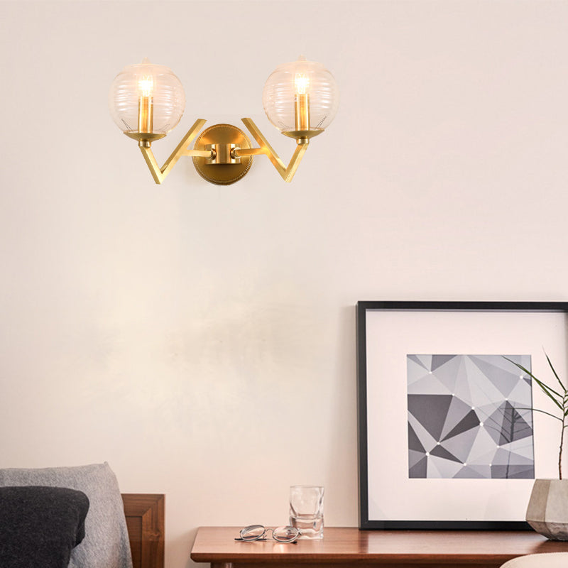Simple 1/2 Lights Wall Mount Lamp Brass Ball Shape Sconce Light with Ribbed Glass Shade Clearhalo 'Cast Iron' 'Glass' 'Industrial' 'Modern wall lights' 'Modern' 'Tiffany' 'Traditional wall lights' 'Wall Lamps & Sconces' 'Wall Lights' Lighting' 274598
