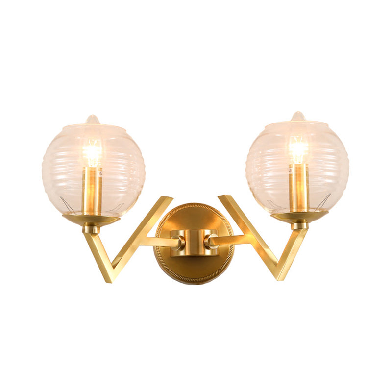 Simple 1/2 Lights Wall Mount Lamp Brass Ball Shape Sconce Light with Ribbed Glass Shade Clearhalo 'Cast Iron' 'Glass' 'Industrial' 'Modern wall lights' 'Modern' 'Tiffany' 'Traditional wall lights' 'Wall Lamps & Sconces' 'Wall Lights' Lighting' 274599