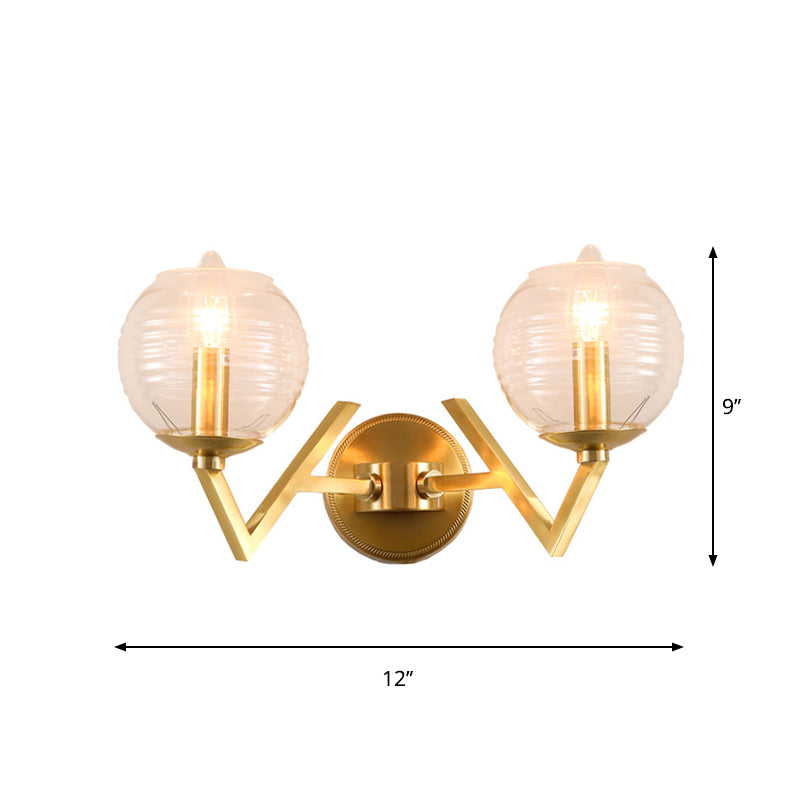 Simple 1/2 Lights Wall Mount Lamp Brass Ball Shape Sconce Light with Ribbed Glass Shade Clearhalo 'Cast Iron' 'Glass' 'Industrial' 'Modern wall lights' 'Modern' 'Tiffany' 'Traditional wall lights' 'Wall Lamps & Sconces' 'Wall Lights' Lighting' 274600