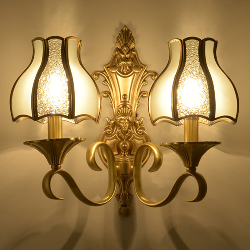 1/2 Bulbs Metal Wall Sconce Traditional Brass Scalloped Living Room Wall Light Fixture 2.0 Brass Clearhalo 'Wall Lamps & Sconces' 'Wall Lights' Lighting' 274666