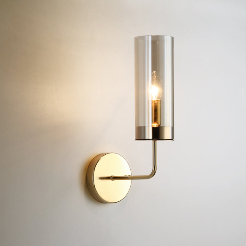 1/2-Light Living Room Wall Mount Lamp Retro Brass Sconce Light Fixture with Champagne/Light Blue Cylindrical Glass Shade 1.0 Champagne Clearhalo 'Modern wall lights' 'Modern' 'Wall Lamps & Sconces' 'Wall Lights' Lighting' 274678