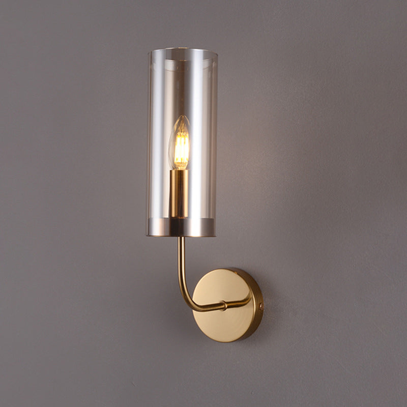 1/2-Light Living Room Wall Mount Lamp Retro Brass Sconce Light Fixture with Champagne/Light Blue Cylindrical Glass Shade Clearhalo 'Modern wall lights' 'Modern' 'Wall Lamps & Sconces' 'Wall Lights' Lighting' 274679