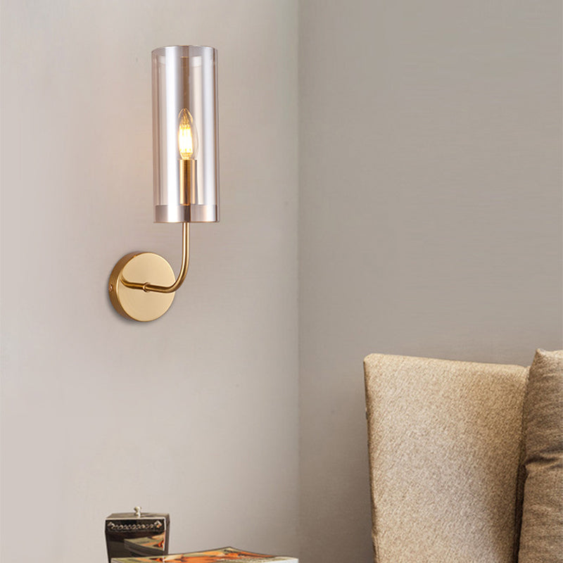 1/2-Light Living Room Wall Mount Lamp Retro Brass Sconce Light Fixture with Champagne/Light Blue Cylindrical Glass Shade Clearhalo 'Modern wall lights' 'Modern' 'Wall Lamps & Sconces' 'Wall Lights' Lighting' 274680