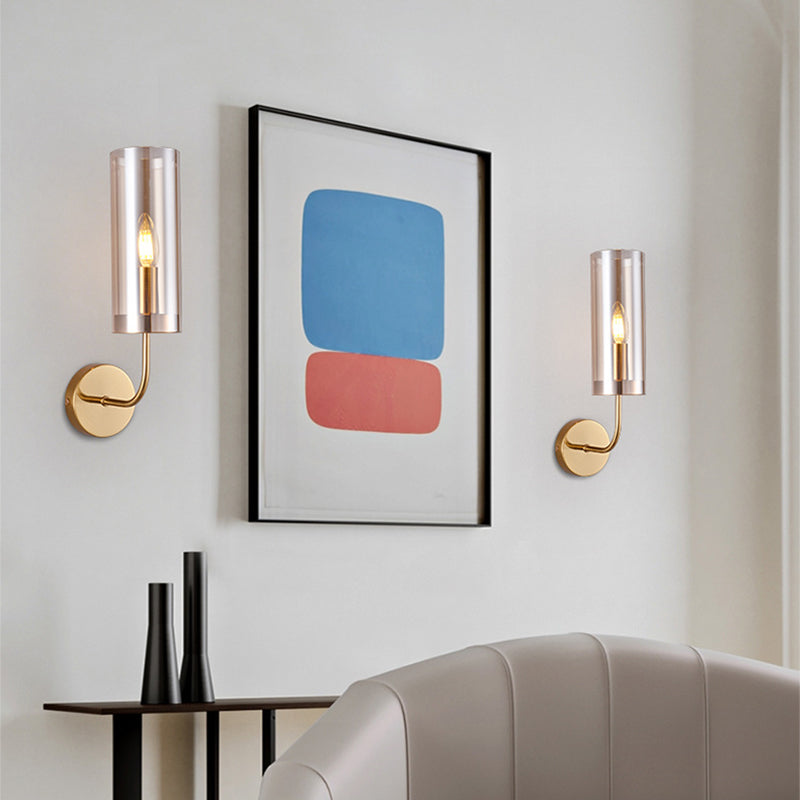 1/2-Light Living Room Wall Mount Lamp Retro Brass Sconce Light Fixture with Champagne/Light Blue Cylindrical Glass Shade Clearhalo 'Modern wall lights' 'Modern' 'Wall Lamps & Sconces' 'Wall Lights' Lighting' 274681