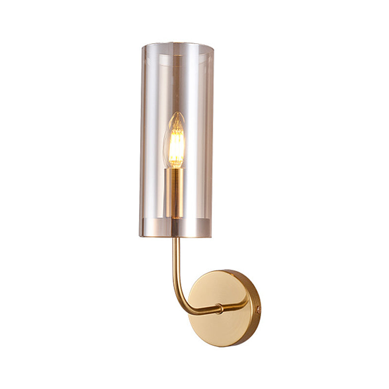 1/2-Light Living Room Wall Mount Lamp Retro Brass Sconce Light Fixture with Champagne/Light Blue Cylindrical Glass Shade Clearhalo 'Modern wall lights' 'Modern' 'Wall Lamps & Sconces' 'Wall Lights' Lighting' 274682