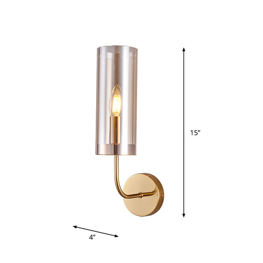 1/2-Light Living Room Wall Mount Lamp Retro Brass Sconce Light Fixture with Champagne/Light Blue Cylindrical Glass Shade Clearhalo 'Modern wall lights' 'Modern' 'Wall Lamps & Sconces' 'Wall Lights' Lighting' 274683