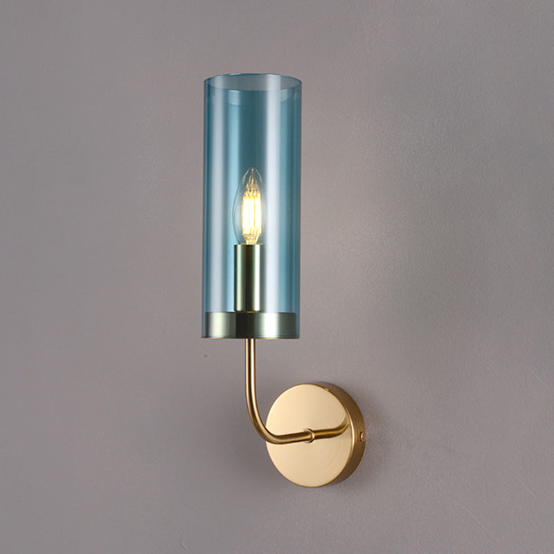 1/2-Light Living Room Wall Mount Lamp Retro Brass Sconce Light Fixture with Champagne/Light Blue Cylindrical Glass Shade 1.0 Light Blue Clearhalo 'Modern wall lights' 'Modern' 'Wall Lamps & Sconces' 'Wall Lights' Lighting' 274684