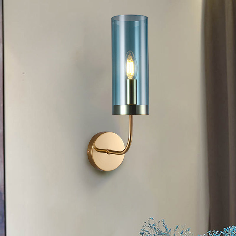 1/2-Light Living Room Wall Mount Lamp Retro Brass Sconce Light Fixture with Champagne/Light Blue Cylindrical Glass Shade Clearhalo 'Modern wall lights' 'Modern' 'Wall Lamps & Sconces' 'Wall Lights' Lighting' 274685