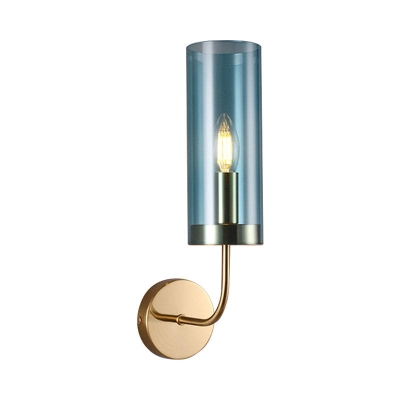 1/2-Light Living Room Wall Mount Lamp Retro Brass Sconce Light Fixture with Champagne/Light Blue Cylindrical Glass Shade Clearhalo 'Modern wall lights' 'Modern' 'Wall Lamps & Sconces' 'Wall Lights' Lighting' 274687