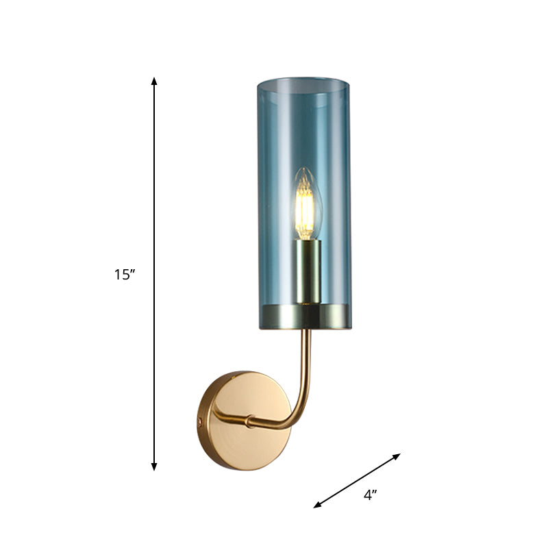 1/2-Light Living Room Wall Mount Lamp Retro Brass Sconce Light Fixture with Champagne/Light Blue Cylindrical Glass Shade Clearhalo 'Modern wall lights' 'Modern' 'Wall Lamps & Sconces' 'Wall Lights' Lighting' 274688