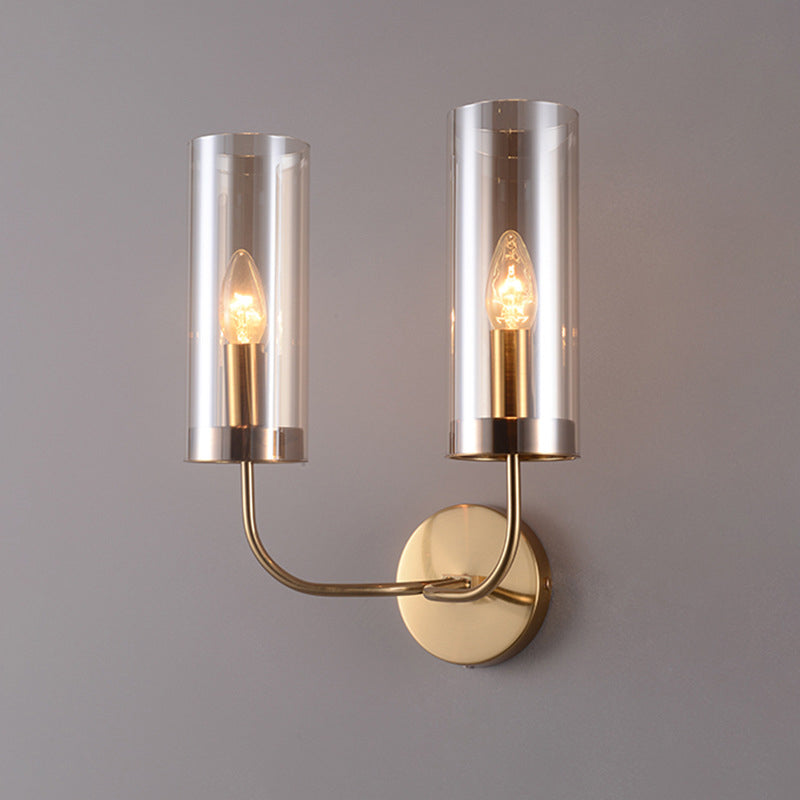 1/2-Light Living Room Wall Mount Lamp Retro Brass Sconce Light Fixture with Champagne/Light Blue Cylindrical Glass Shade 2.0 Champagne Clearhalo 'Modern wall lights' 'Modern' 'Wall Lamps & Sconces' 'Wall Lights' Lighting' 274689